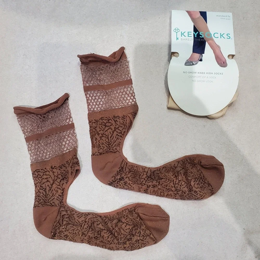 Keysocks‎ No Show Calf & Knee High Socks Cream Brown Women Standard Fit